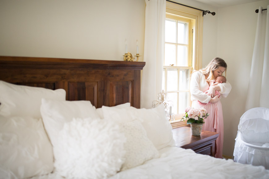 feather + light photography | wayne, pa newborn photographer | lifestyle photography | newborn baby girl | pink + white