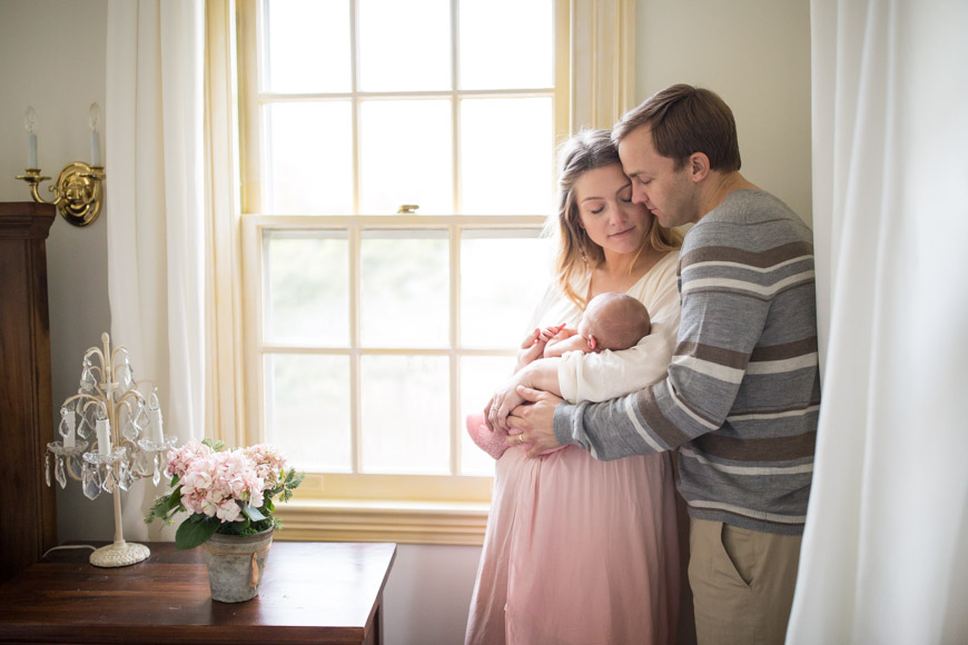 feather + light photography | wayne, pa newborn photographer | lifestyle photography | newborn baby girl | pink + white