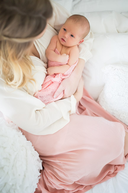 feather + light photography | wayne, pa newborn photographer | lifestyle photography | newborn baby girl | pink + white